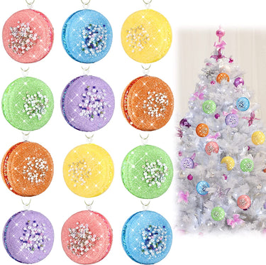 12 Pcs Christmas Tree Ornament Set 3D Glittered Macaron Ornament Colorful Candy Christmas Ornaments Pastel Macaron Decorative Hanging Ornaments with Ropes for Christmas Holiday Candy Party Decorations